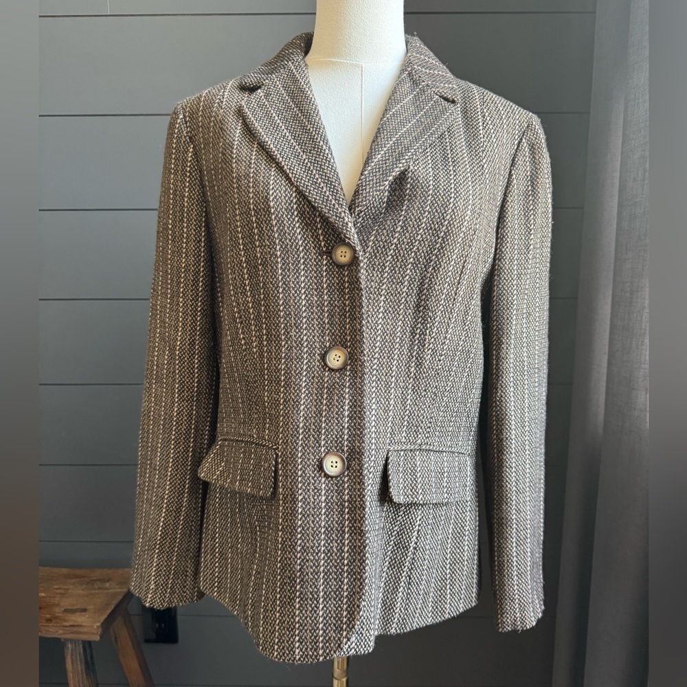 Ann Taylor Brown Houndstooth Striped Blazer Jacket Size 10 Light Academia